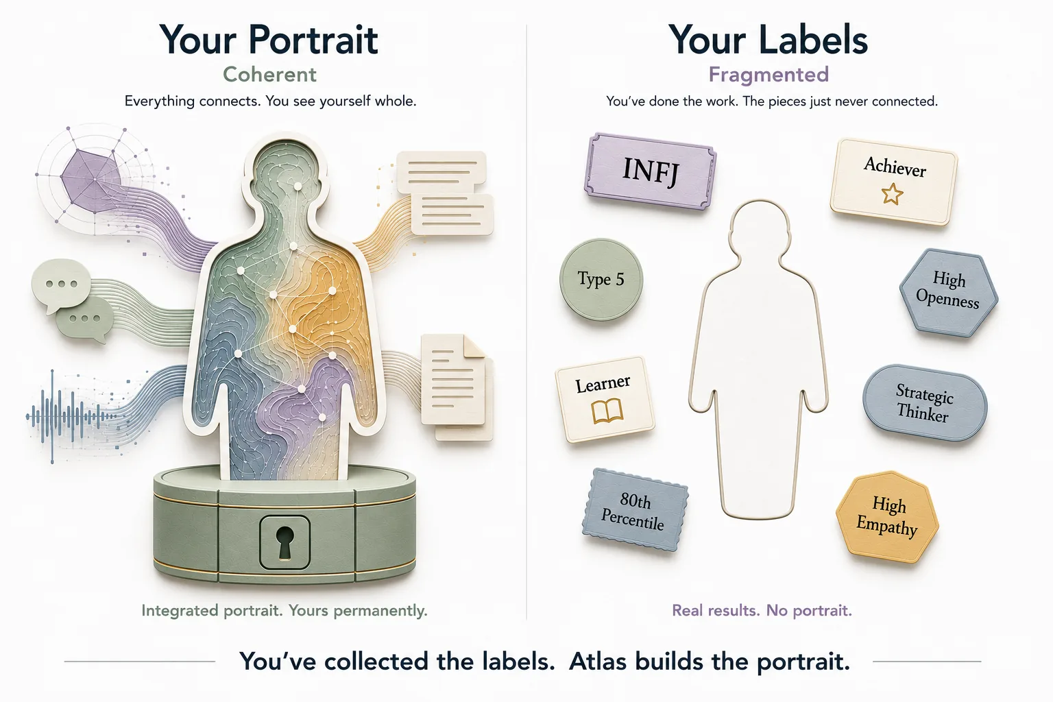 Two panels. Your Labels: separate badges like INFJ, Type 5, Achiever and High Openness around an empty outline of a person. Your Portrait: the same person filled in, with conversations, documents and assessments flowing in and connecting. Caption: You've collected the labels. Atlas builds the portrait.