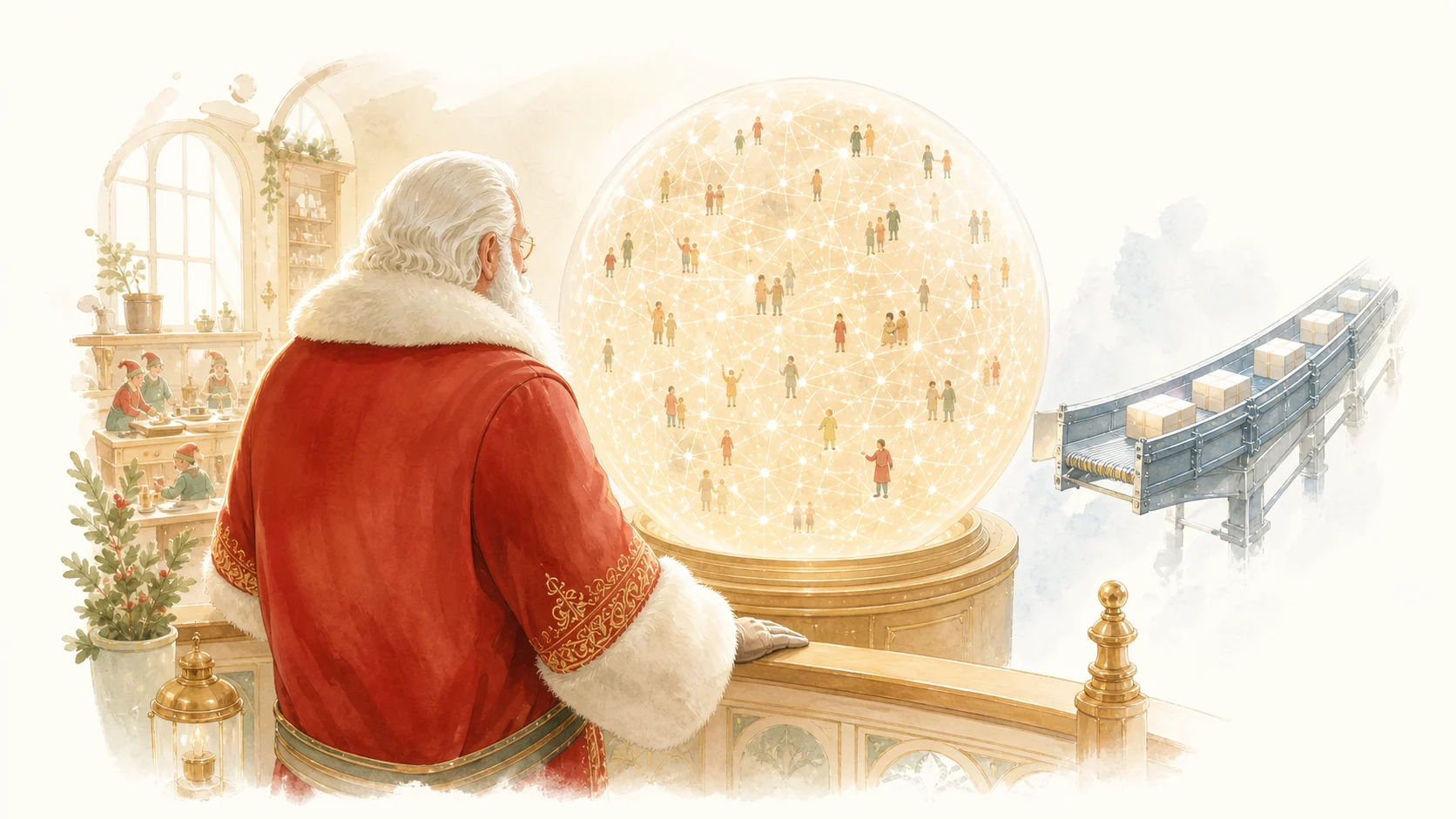 Santa at a workshop railing, looking into a glowing globe of children linked by threads of light, elves at a workbench behind him and a conveyor of packages beyond.